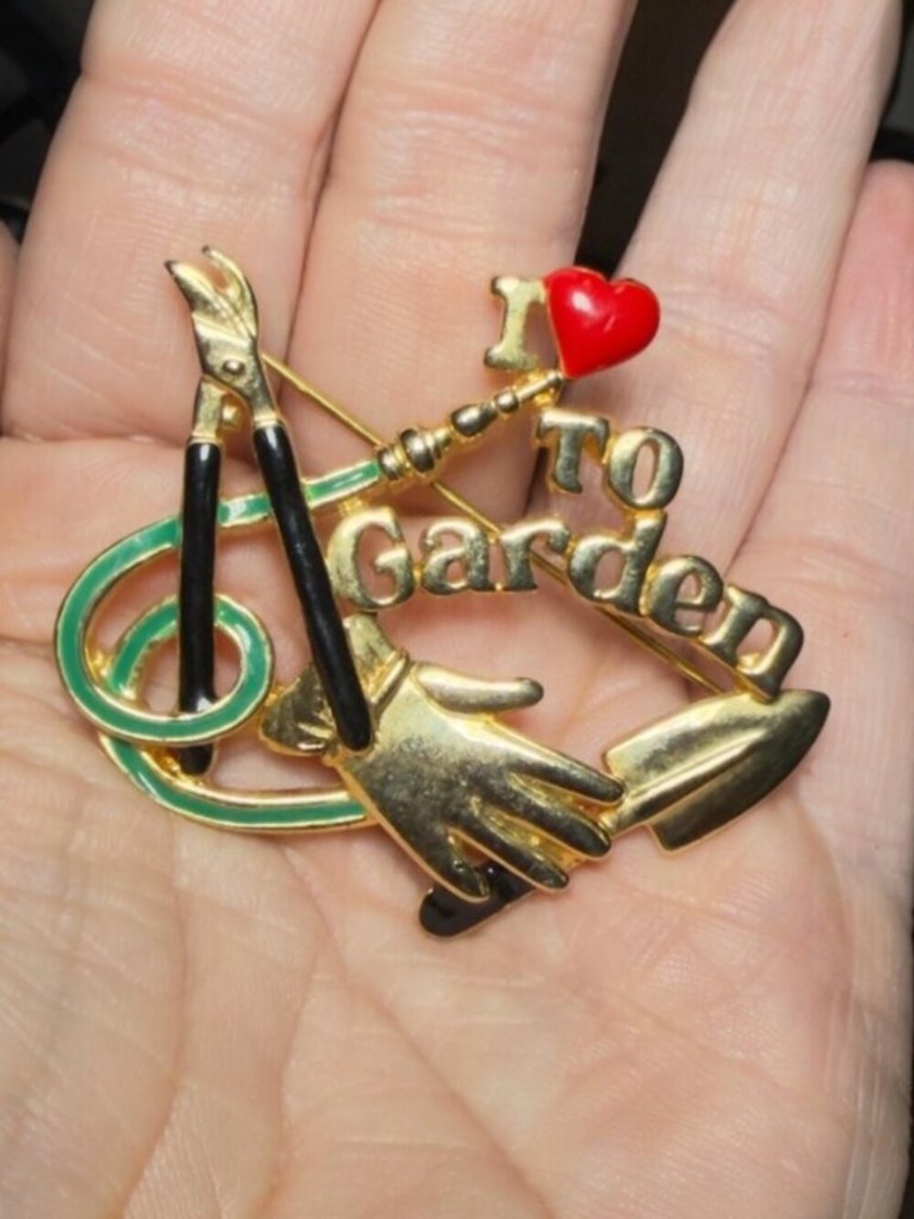 Gardening Brooch REN I Love to Garden Tools Novelty Pin 2"